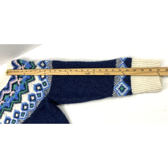 Womens Fair Isle Sweater Medium Petite Blue Wool Blend Pullover Long Sleeve - Picture 4 of 11